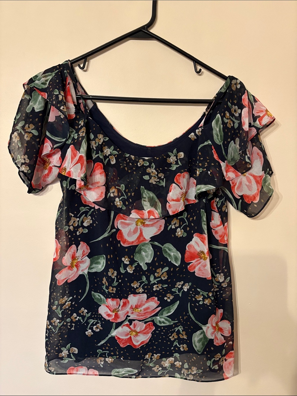 CAbi Black Floral Off-Shoulder Ruffle Blouse with Pink Blooms